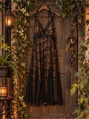 Vintage Niki Livas Black Lace Nude Halter Midi Dress Y2K Whimsigoth Sz 12